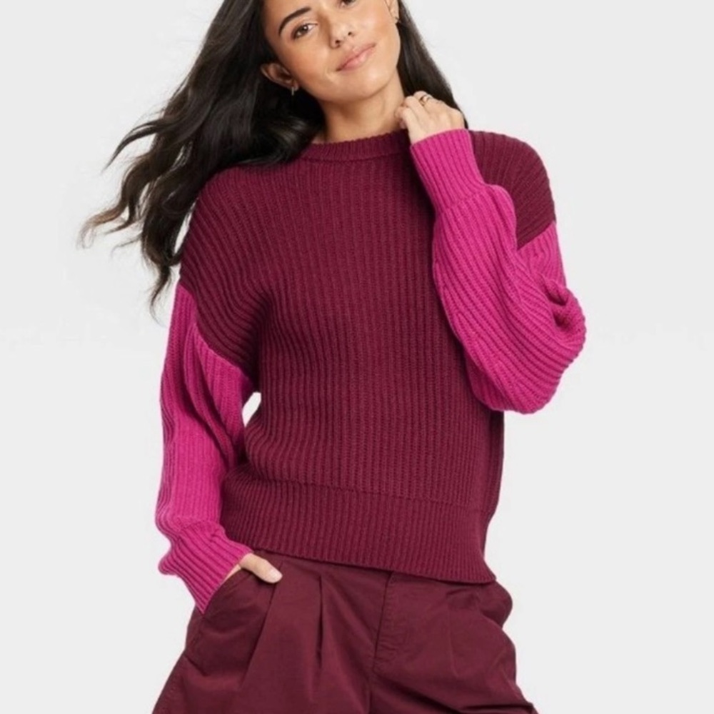 Women’s Colorblock Knit Sweater Burgundy & Magenta Size Large Chunky Cozy